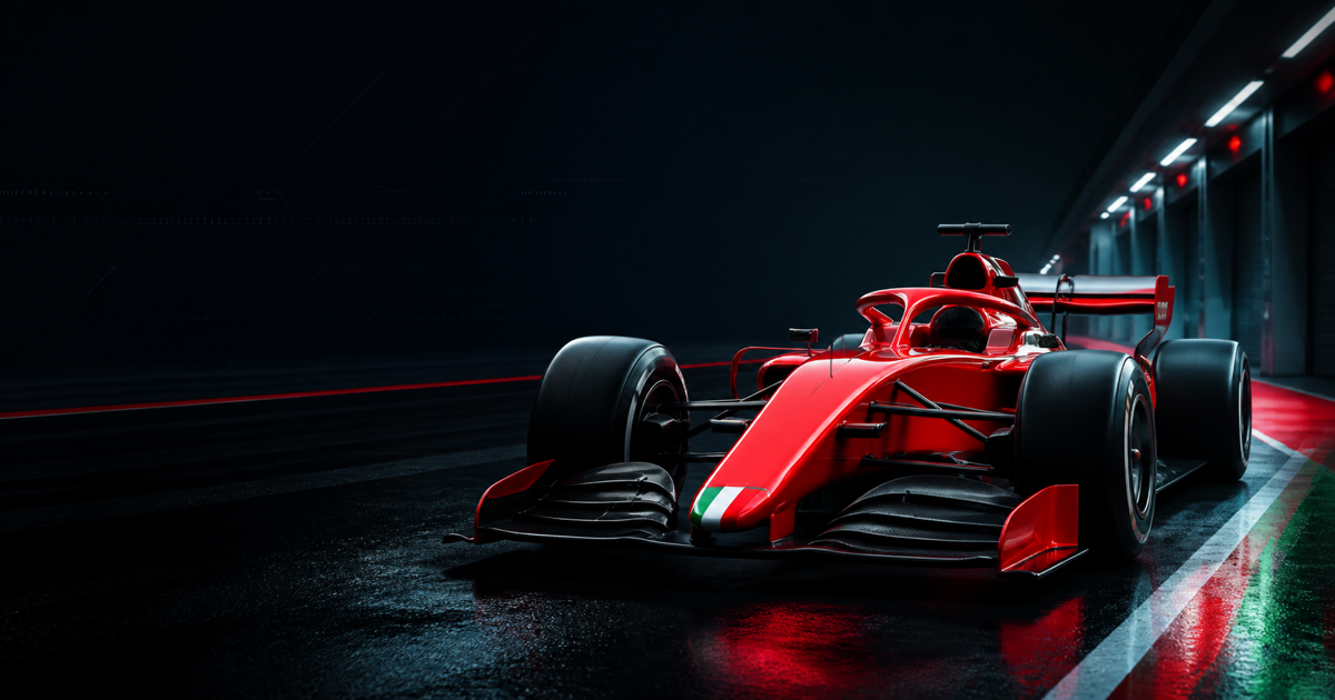 Monoposto rossa in una pit lane illuminata